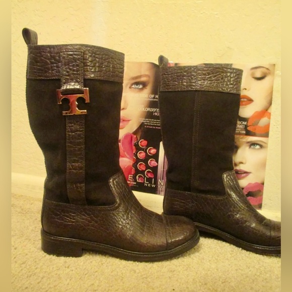 HOT Tory Burch Corey Brown Logo Suede & Textured Leather Mid-calf Boots $500+! - Picture 4 of 12